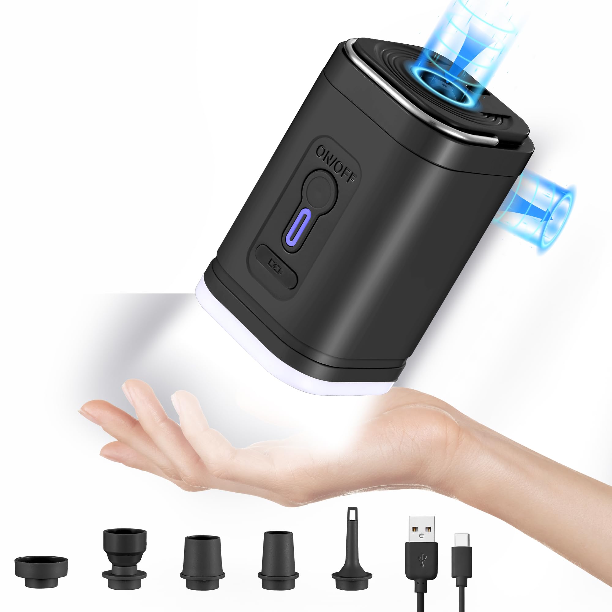 Electric Air Pump for Inflatables, Portable Mini Vacuum Pump with 5 Nozzles and 3 Camping Light for Sleep Pads, Blow Up Pool Raft Bed Boat Toys, Vacuum Bags, Yoga Exercise Ball, Swimming Rings (Black)