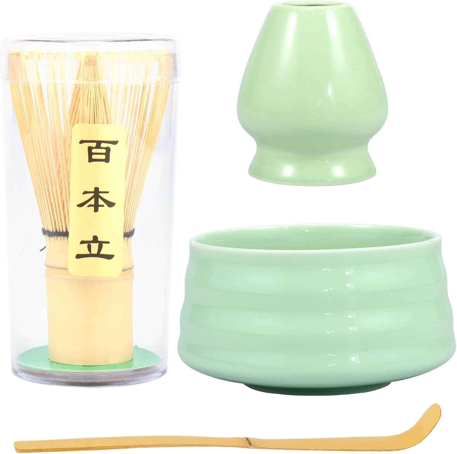 4Pcs Matcha Tea Set Matcha Traditional Starter Set with Ceramic Matcha Bowl Bamboo Matcha Whisk Ceramic Matcha Whisk Holder Bamboo Scoop Matcha Whisk Tool Kit for Matcha Tea Making//(4PCS,green)
