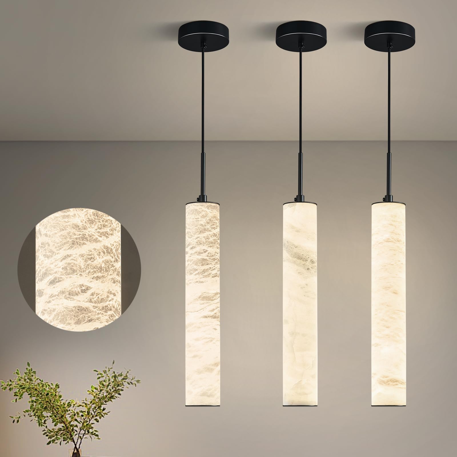 LMQNINE Natural Alabaster Pendant Lights for Kitchen Island White Marble Long Tube Chandelier Modern Black Ceiling Light Fixtures for Bedroom Dining Room Table Living Room Hallway(M-3Pack)