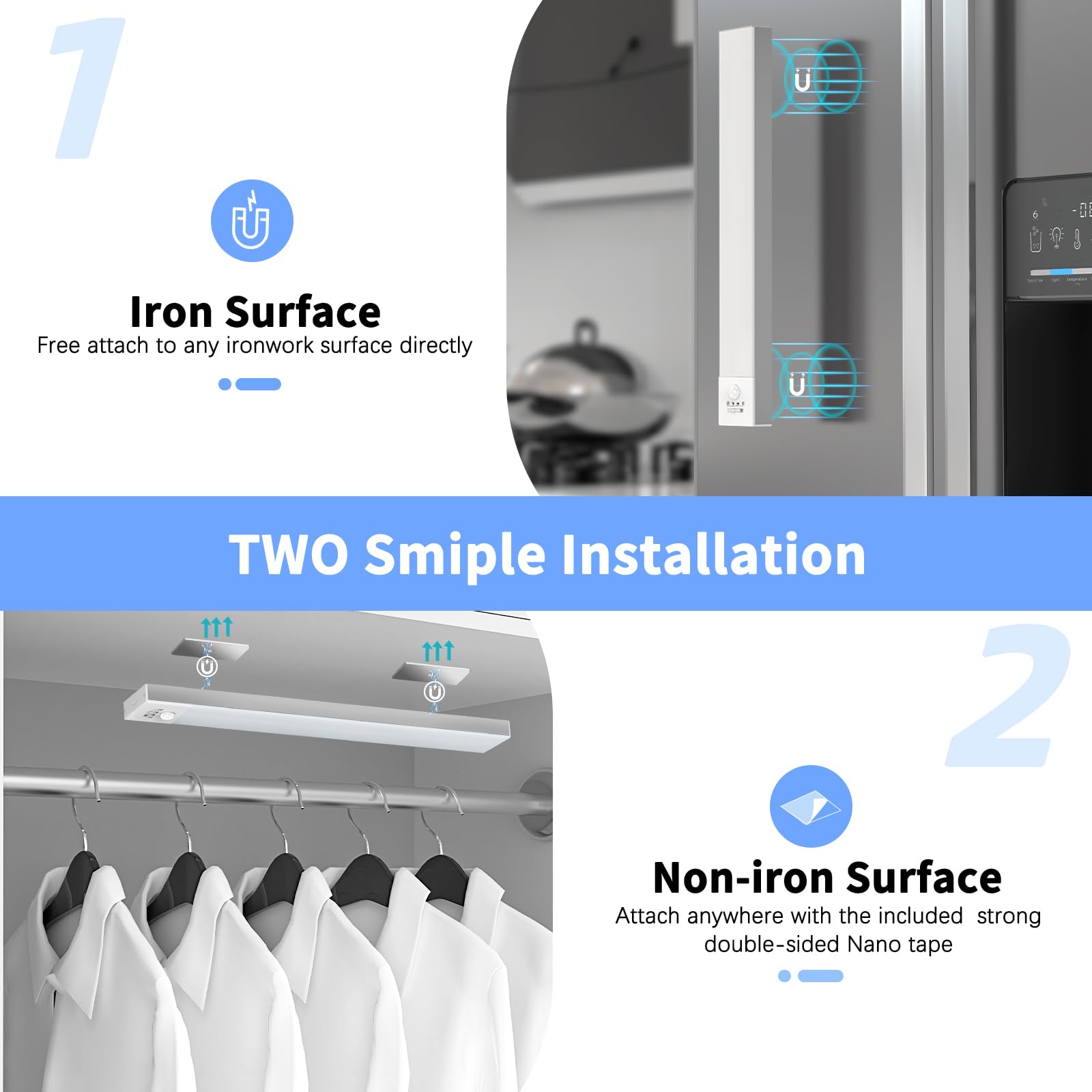 Ylatoial Luce Armadio LED con Sensore di Movimento, 4 Modalità Luce Sottopensile Cucina, USB Lampada LED Ricaricabile, Senza Fili Luci Notturna per Armadio Cucina Scale Corridoio Garage