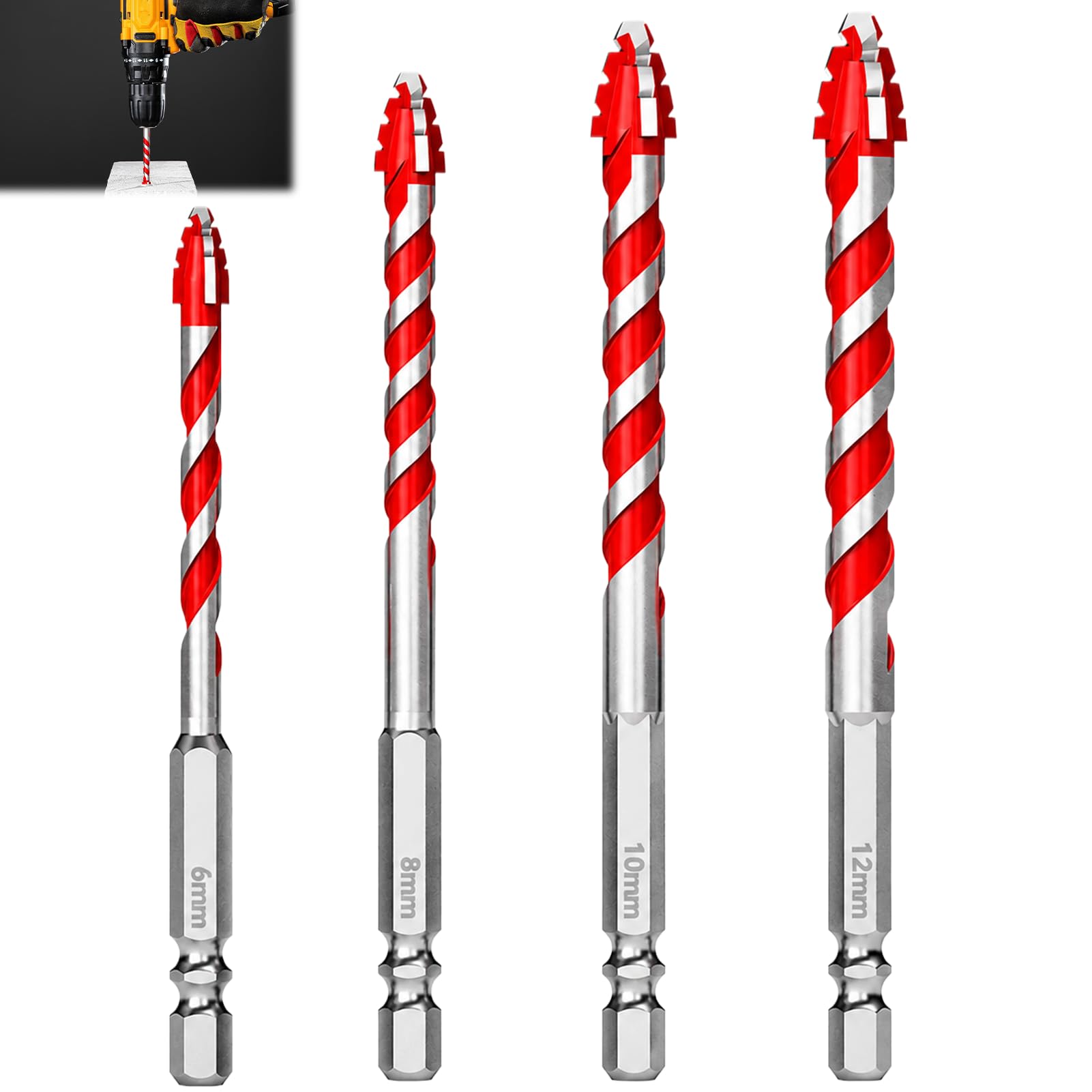 4PCS Masonry Drill Bits Set, Diamond Drills Bits Hammer Drill Bit with Hardened Carbide Tip, Professional Tungsten Carbide Drills Bit s for Tile Glass Quartz Porcelain (6mm+8mm+10mm+12mm)