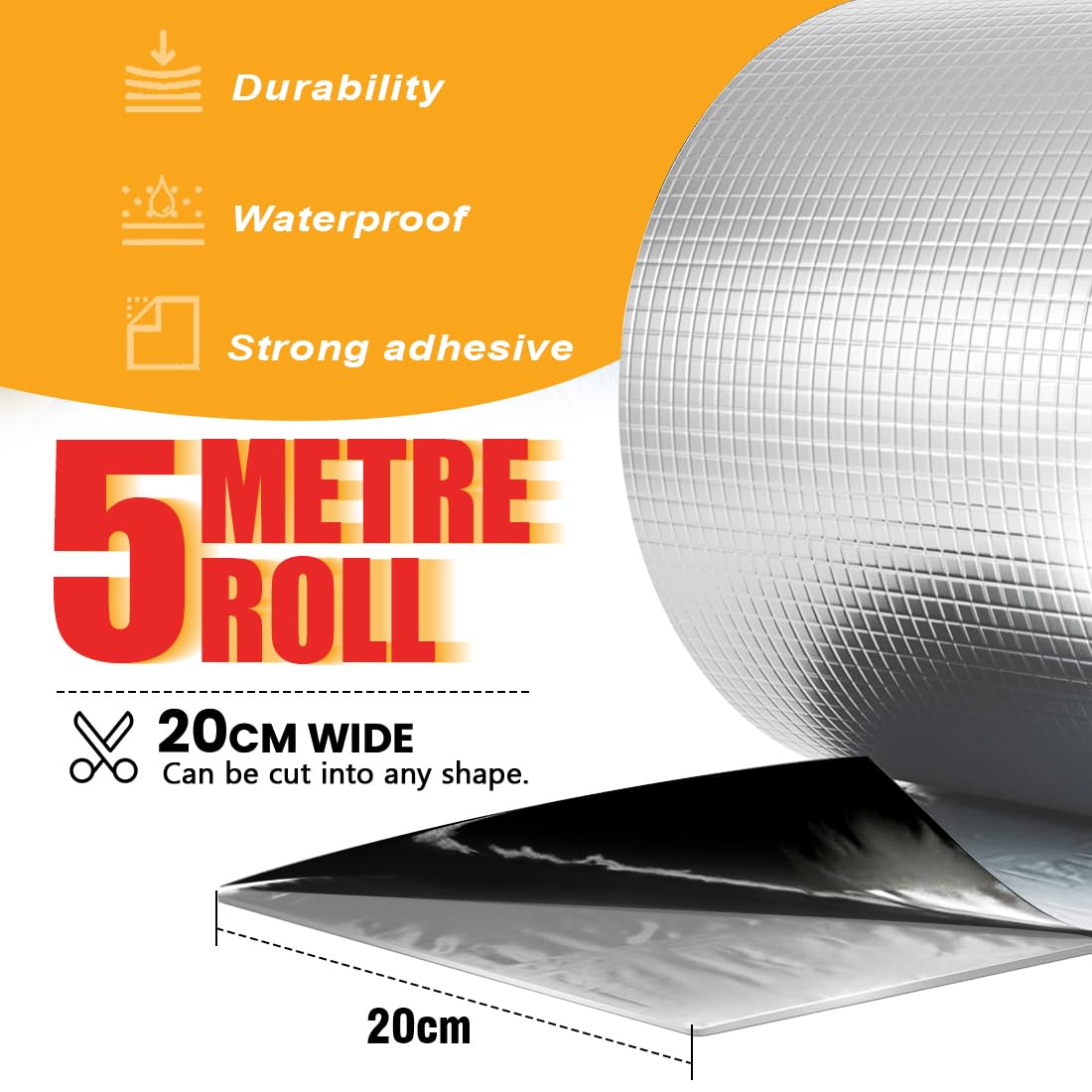 Nastro Butilico Impermeabile 20cm X 5m - Adesivo Per Tetti, Tubi E Finestre Con Rinforzo In Alluminio