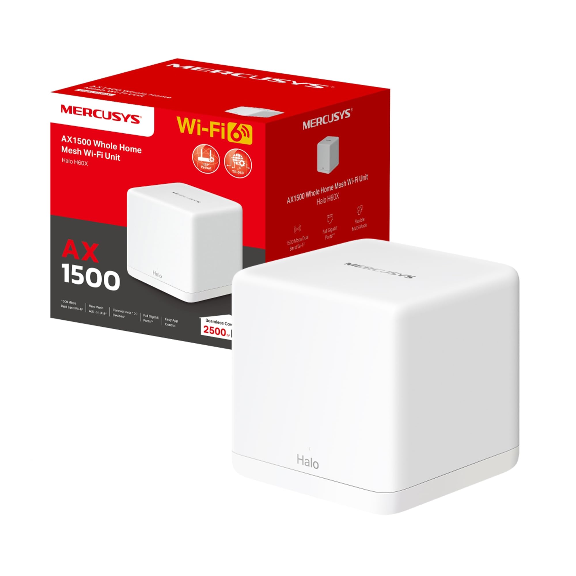 Mercusys TP-Link Router Mesh WiFi 6 AX1500Mbps, 3 Porte Gigabit WAN/LAN, Controllo Parental, WiFi Mesh Router e AP, Connetti fino a 100 Dispositivi, Copertura fino a 230m², Halo H60X(1-pack)