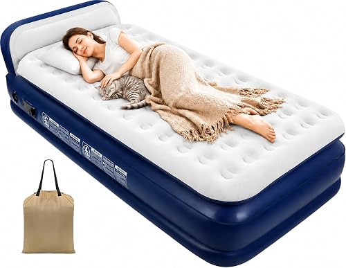 KMZ Twin XL Air Mattress with Headboard & Built-in Pump, 16” Raised Inflatable Bed for Adults, Portable Blow Up Mattress for Guests, Dorms & Home Use