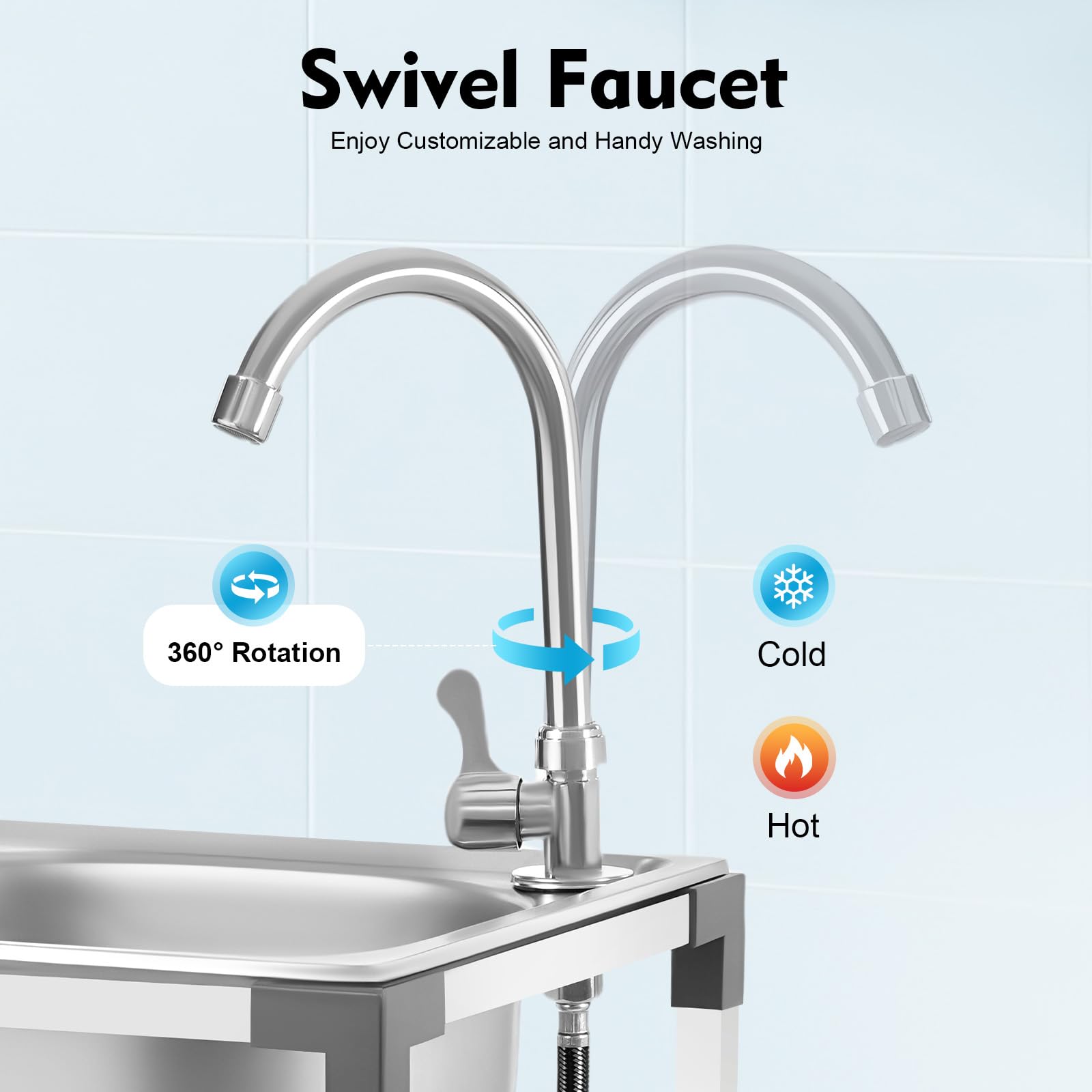 Fregadero independiente de acero inoxidable, fregadero de cocina, lavabo, lavabo con grifo, fregadero móvil de acero inoxidable con dispositivo de drenaje para cocina, restaurante, garaje, 42 x 37 x