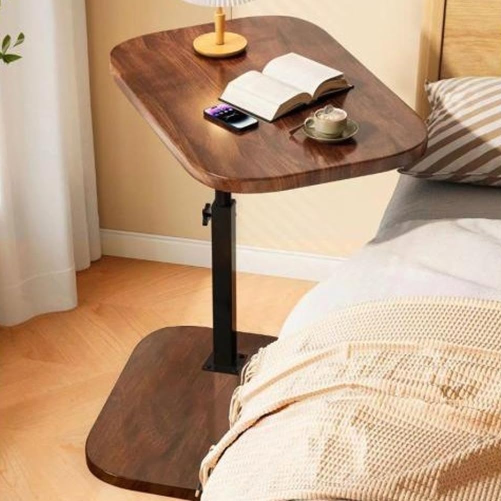 SXZenSpace C Shaped Side Table Adjustable Height,Couch Tables That Slide under with Oval Rotating Tabletop,360°Swivel Small End for Living Room, Bedroom, Sofa,Walnut