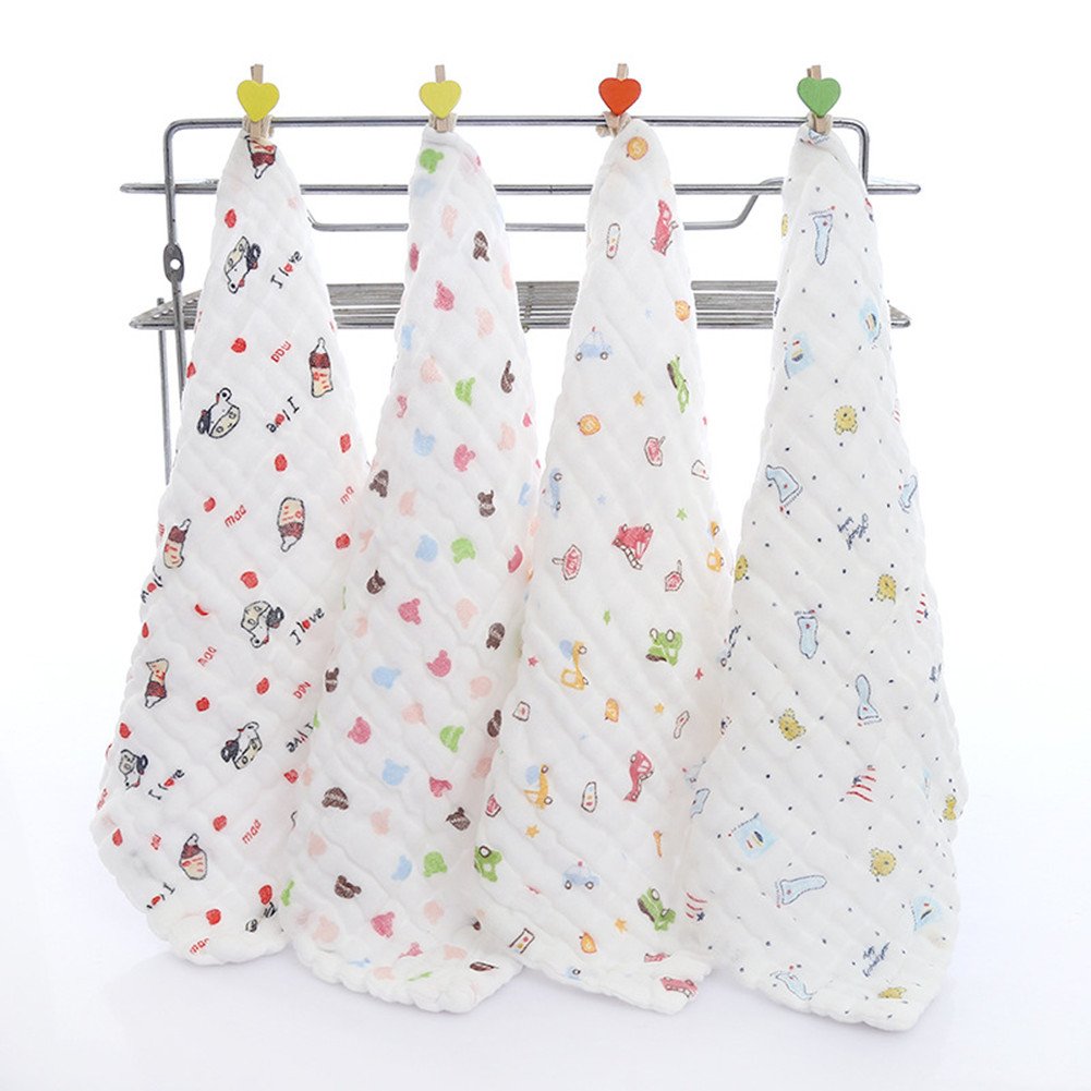 Baby Bath Towel with Hook, Chickwin 4-Pack Cute 12"x12" Soft and Cozy Newborn 100% Cotton Muslin Absorbent Baby Bath Washcloth Reusable Wipes Feeding Stuff Baby Face Towel (4 Layers)