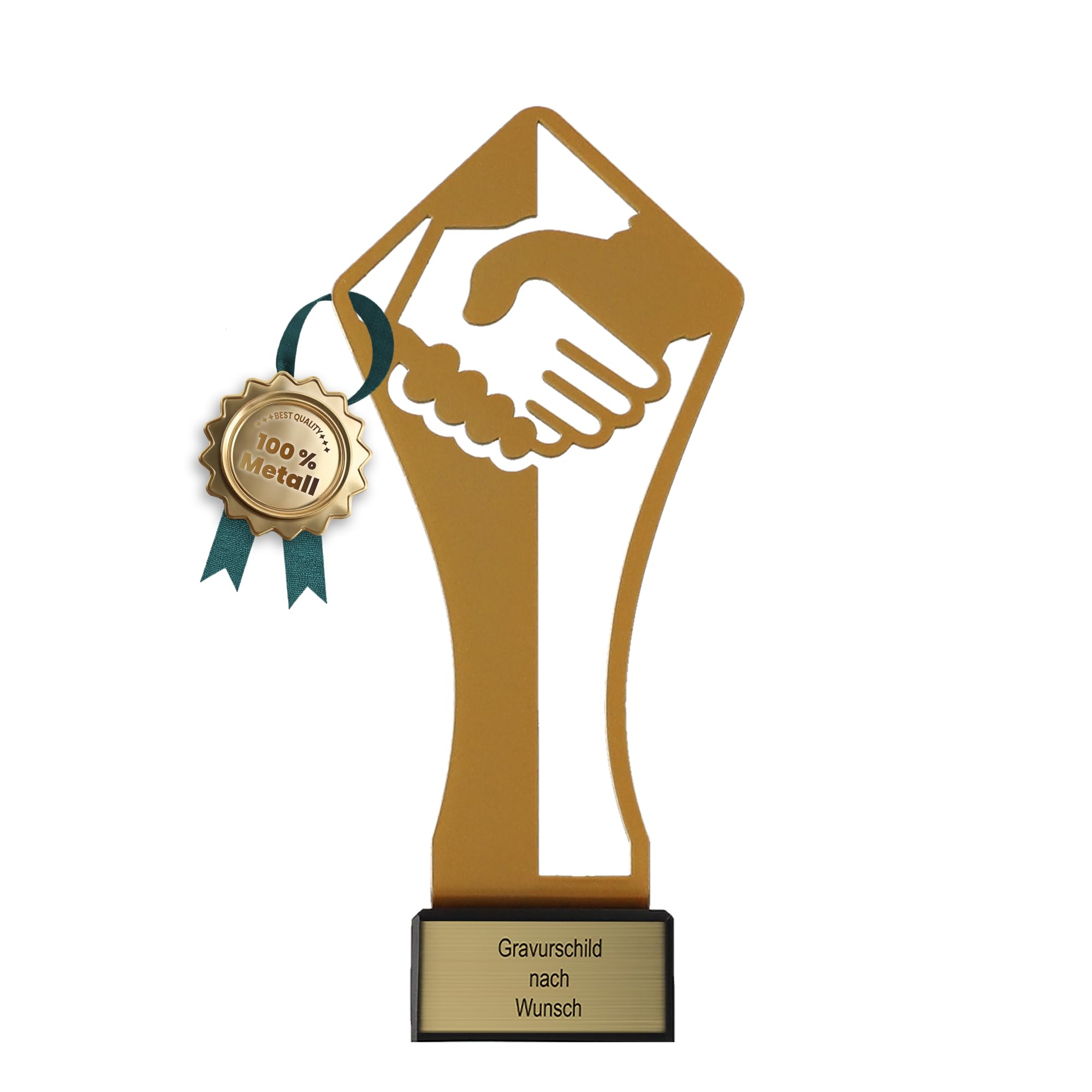 Goldener Teamwork Pokal 21 cm aus Metall mit Gravur - Geschenk-Trophäe mit Handschlag Silhouette - Personalisiertes Geschenk - Auszeichnung für Zusammenarbeit