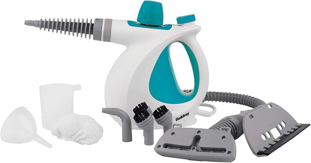 Beldray BEL0701TQN 10-in-1 Handheld Steam Cleaner, Perfect for Sanitising, Upholstery, Bathroom Tiles, Mirrors and Windows, Angled Nozzle, Brush, Upholstery and Squeegee Head, 1000 W, Turquoise