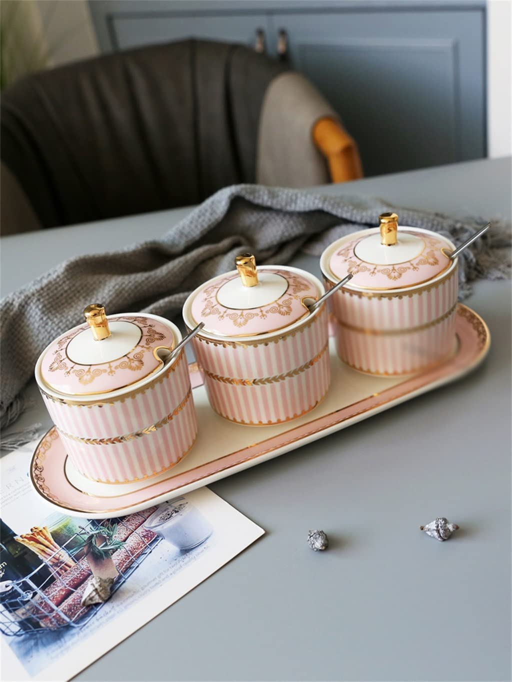 Leichtes, luxuriöses weißes Jade-Porzellan-Gewürztopf-Set, Haushaltsgewürzbehälter, um Freunde zu schicken, Küche, Keramik-Zuckertopf, Salztopf, neues Zuhause, Umzugsgeschenk (Farbe: A, Größe