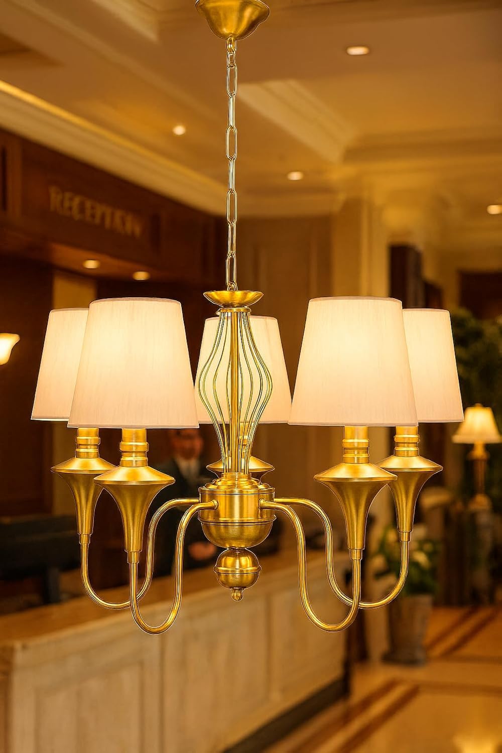 Weldecor Chandelier Lights for Ceiling with Brass Finish & White Fabric Shades Hanging Light for Living Room & Hall Ceiling Lamps Chandeler Jhumar lamp-image-47