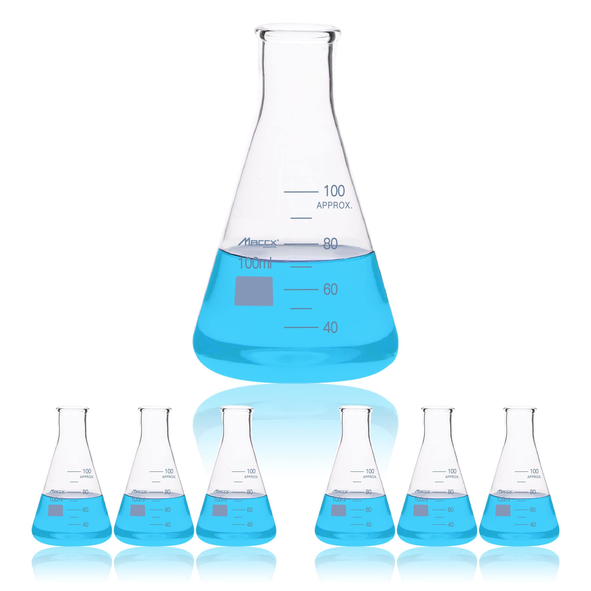 Frasco Erlenmeyer de vidrio resistente de boca estrecha de 3.3 onzas (100 ml) con graduación impresa, paquete de 6, EFN100-006