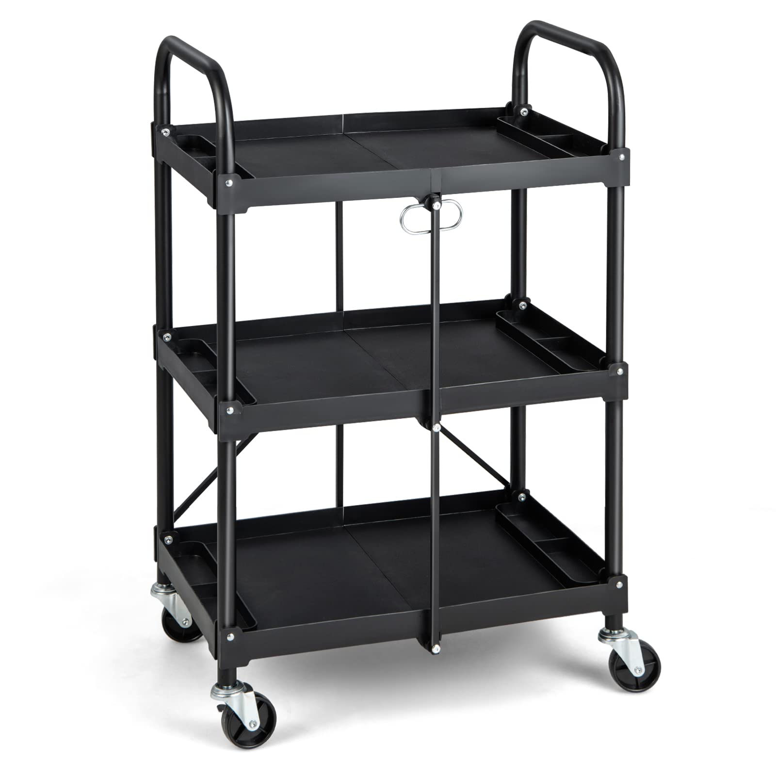 GYMAX Chariot Servante d’Atelier Pliable à roulettes 3 Niveaux, Rangement d'Outils, 2 Rouelettes avec Freins, Compartiments Trié, Cadre Métallique, pour Garage Cuisine Studio