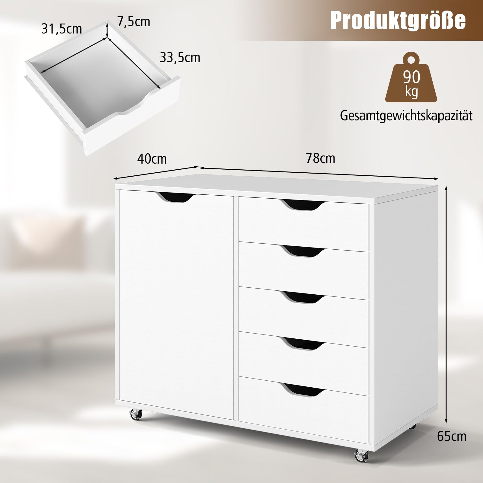 COSTWAY Rollcontainer mit 5 Schubladen & Tür, mobiler Aktenschrank mit Arbeitsplatte & Rollen, Büroschrank modern, Schreibtisch Unterschrank für Büro Wohnzimmer, 79 x 39 x 65cm (Weiß)