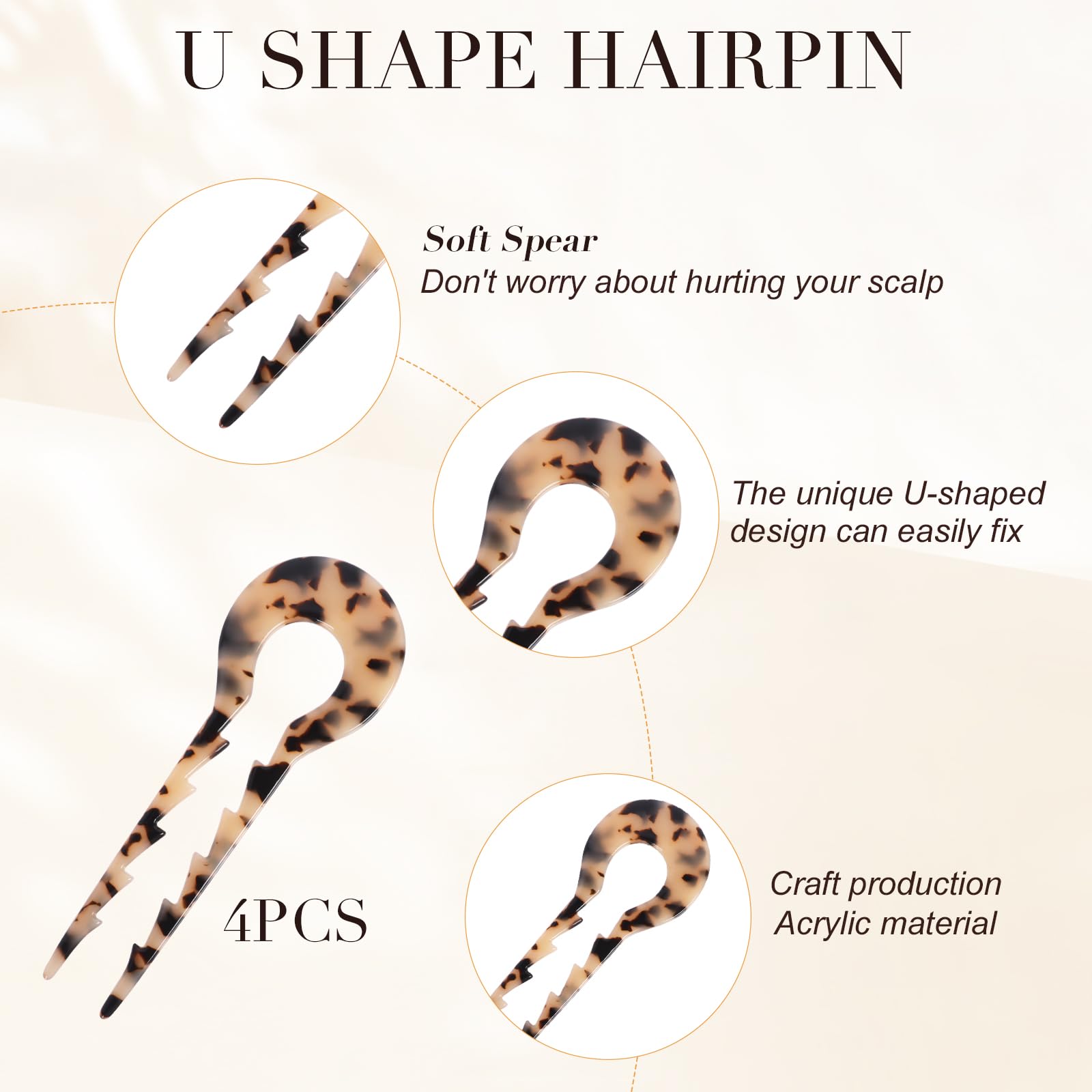Bomiclss 4 Pieces French Hair Pin for Women U Shaped Hair Pins French Twist Hairs Pin French Style Hair Stick Updo Hair Sticks Tortoise Shell Chignon Pin for Women Girls Hairstyle Accessories - Image 3