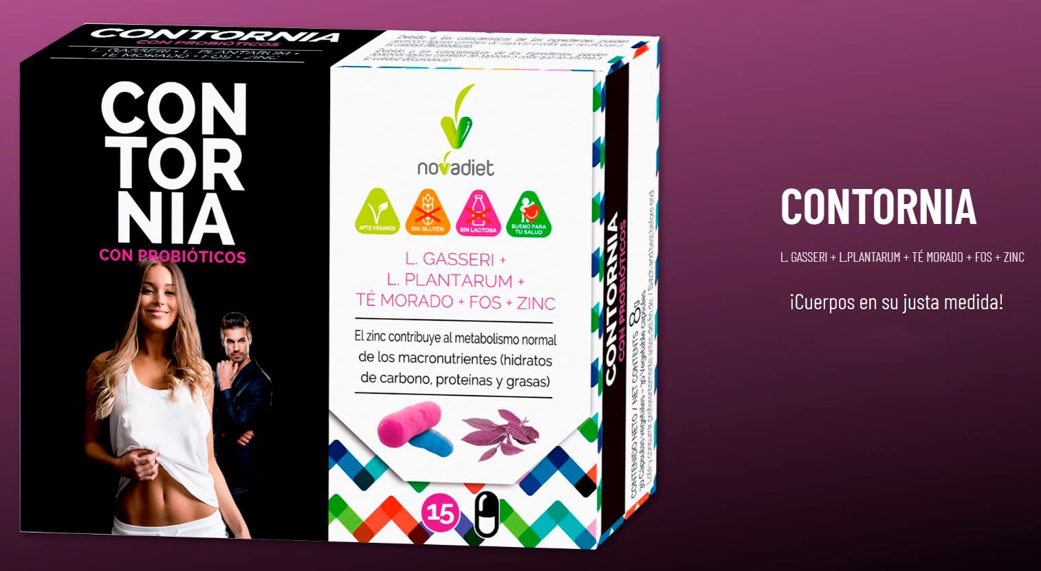 Novadiet - CONTORNIA Cápsulas con L. Gasseri y L. Plantarum - Control de Peso, Equilibrio Digestivo y Flora Intestinal - Microbiota Saludable - Ayuda en Sobrepeso, Obesidad y Adelgazar - 15 Cápsulas