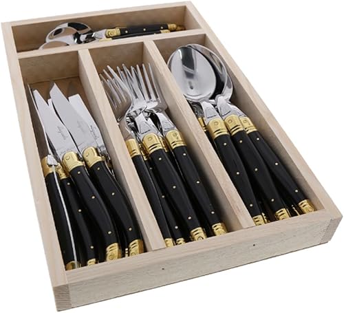 (D) Cubertería Laguiole, juego de cubiertos para uso diario en una bandeja de 24 piezas (asas negras)