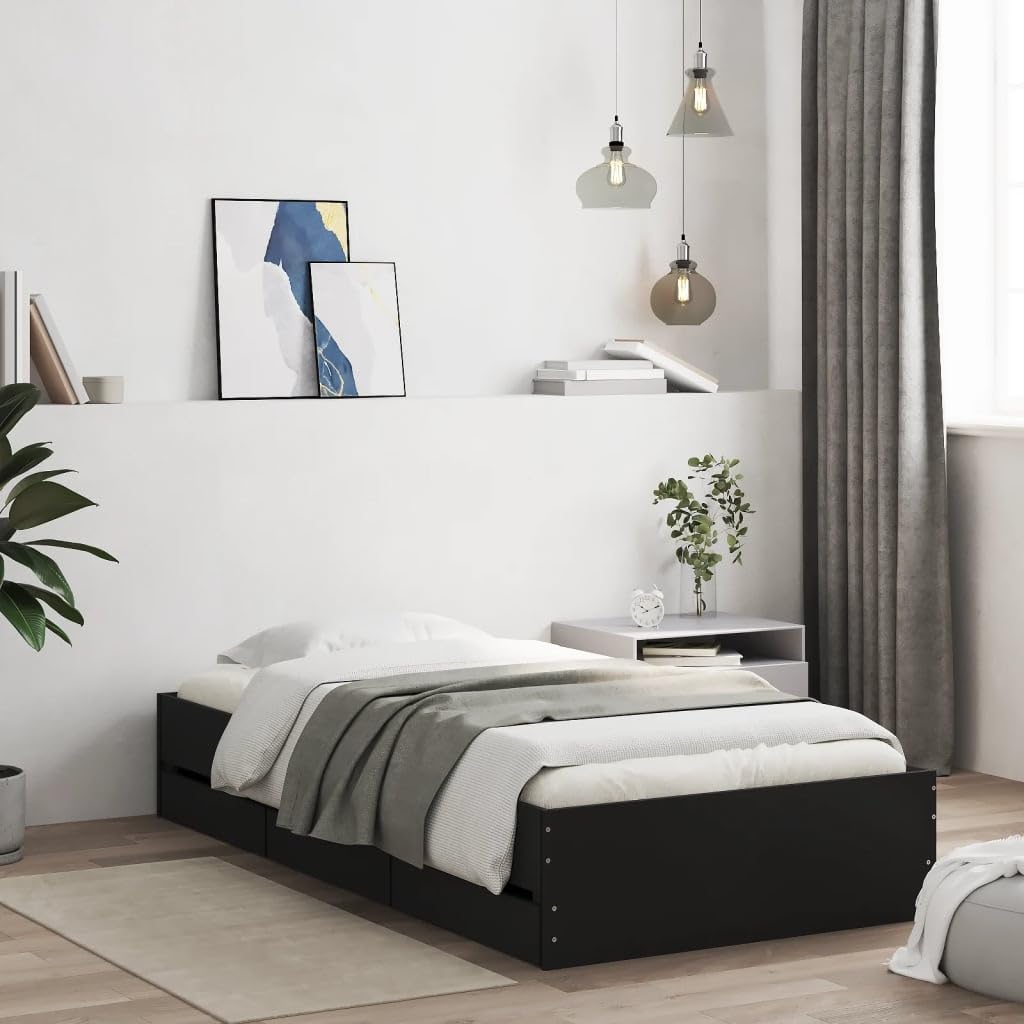 Gecheer Struttura Letto,Giroletto,Singolo con Cassetti Nero 75x190 cm in Legno Multistrato-PL359