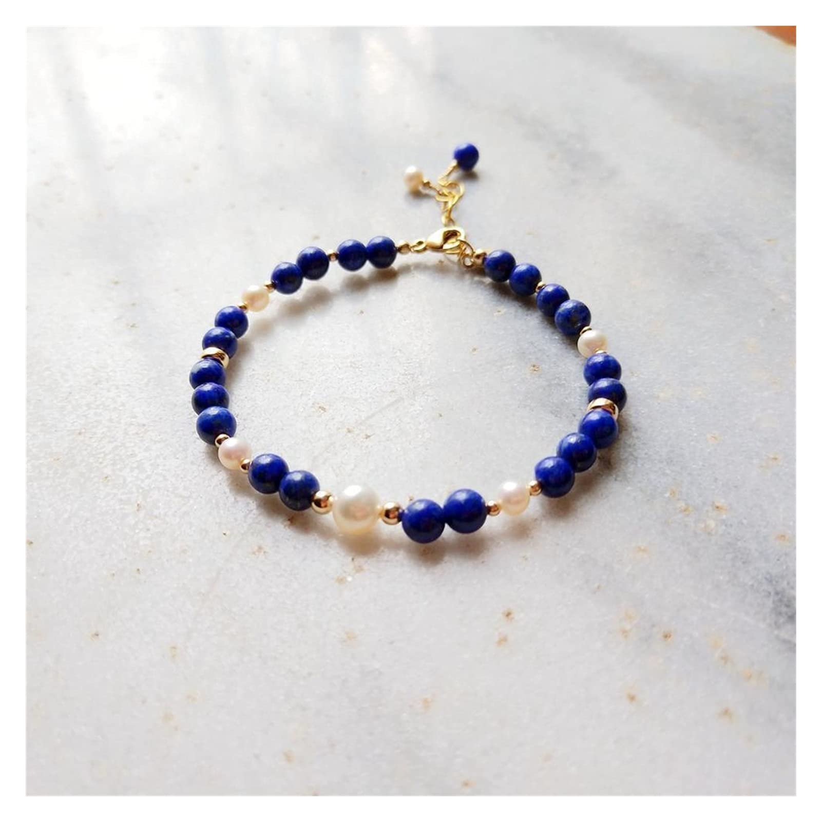 WZGWDC Braccialetti da Donna in Pietra Naturale lapislazzuli Perle 14k GF Colore Regolabile per Donna Uomo Regalo Blu 17