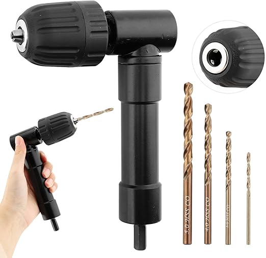 Right Angle Drill Attachment With 4 Bits, 0.8-10mm Right Angle Bend Extension Keyless Drill Chuck Converter Adapter for Tight Corner Workspace