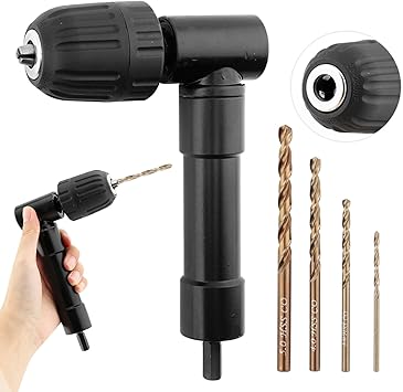 Right Angle Drill Attachment 90 Degree Adapter, 0.315 in 8 mm Hex Shank, Keyless Chuck 0.03-0.39 in 0.8-10 mm, 6.10 x 4.02 in, Includes 2 3 4 5 mm Bits