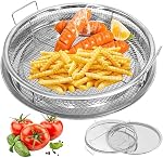 Air Fryer Basket for Oven,2 Pieces Set Round Silver 12.9'' Non-Stick Stainless Steel Mesh Air Fryer Baking Tray Accessories Rack Roasting Grill Basket for Convection Oven Air Fryer, Dishwasher Safe