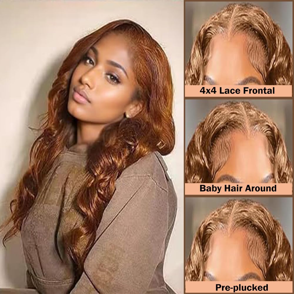 26 Inch Body Wave Human Hair Wig 4x4 HD Lace Front Wigs 180% Density Glueless Wear Pre Plucked Curly Frontal Wigs Human Hair for Women (#30 Light Brown Color)