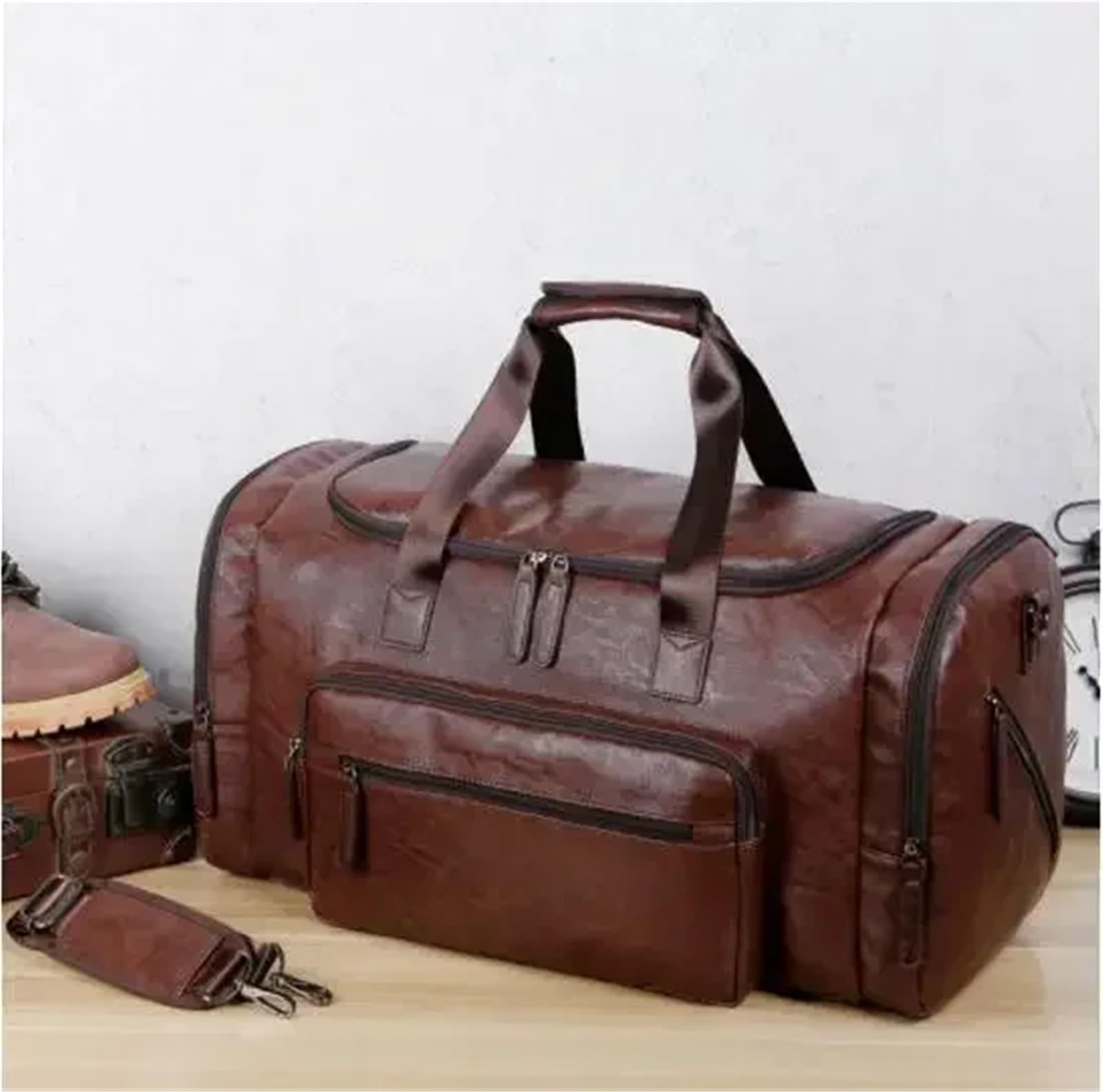 Borsone da Viaggio Pelle Borsa da viaggio for uomo d'affari di grande capacità, retrò, in pelle PU, con tracolla, for esterni(Black 1)
