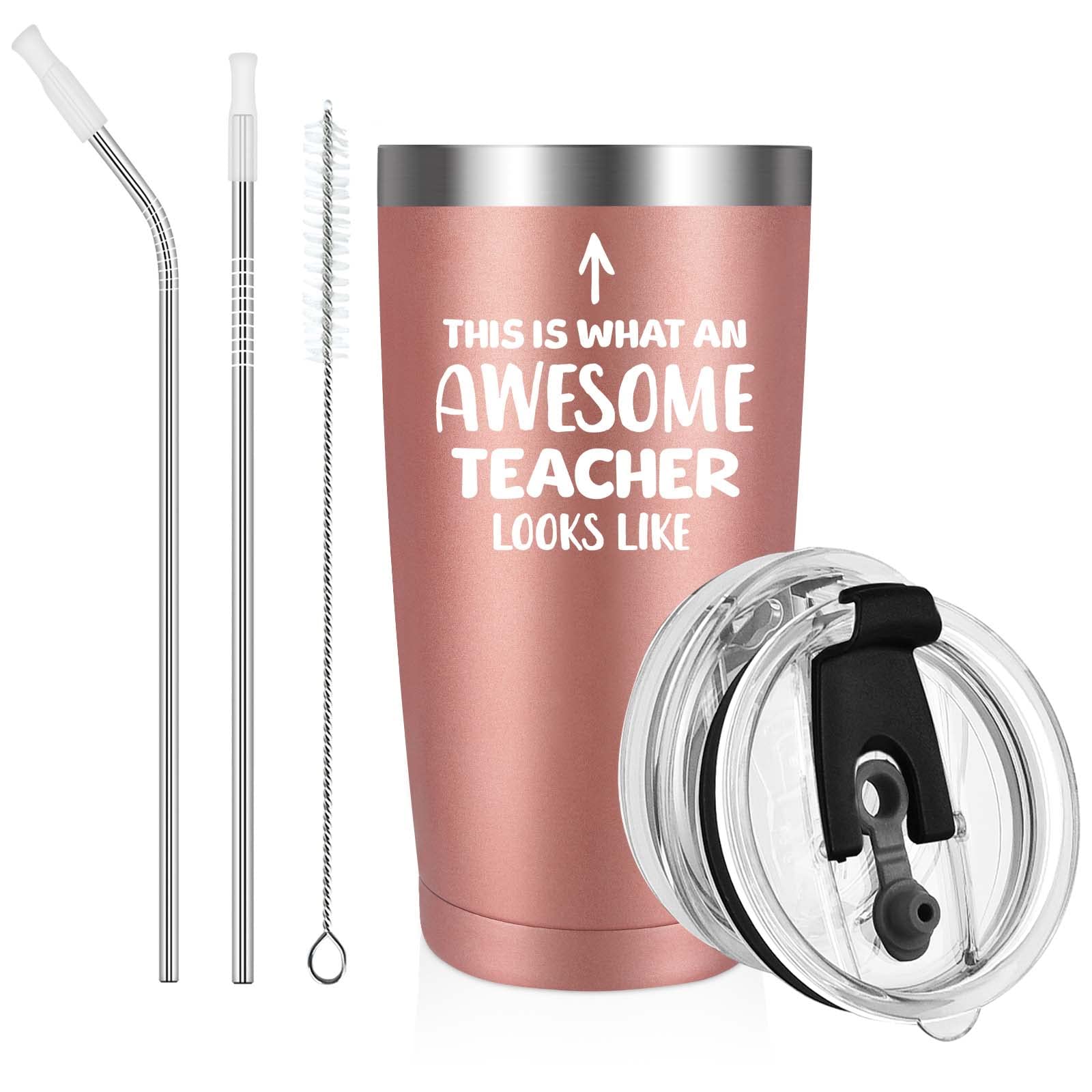 Livole End of Year Gifts Teachers,Teachers Gifts Women,Teacher Leaving Gifts,Thank You Teacher,Awesome Teacher,12OZ Double Walled Coffee Cup w/ Straw and Lid,600ml Insulated Coffee Mug,20oz-rose Gold