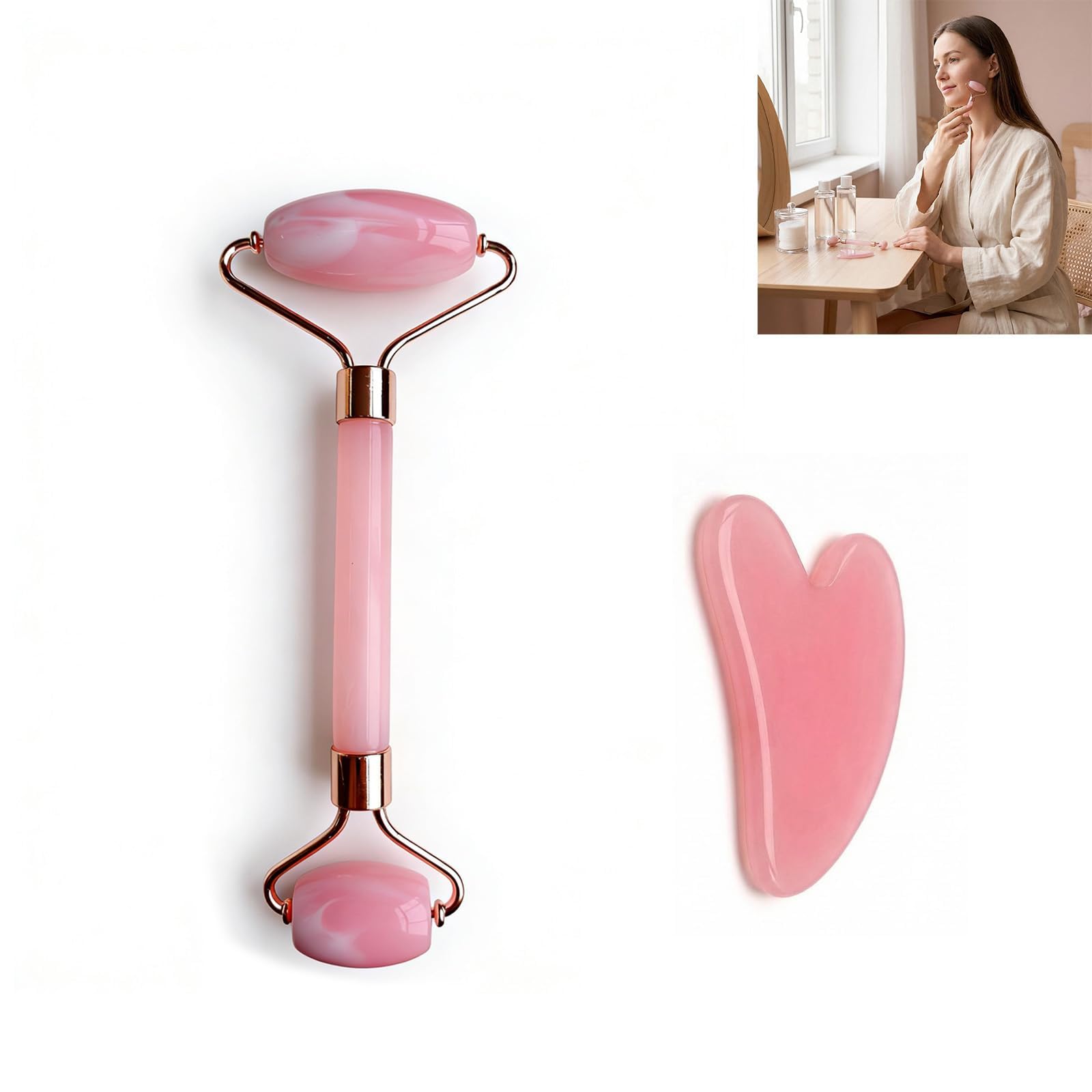 2 herramientas de masaje facial gua sha y rodillo de cuarzo, herramienta de cuidado de la piel para drenaje linfático facial, alivio de la tensión, reducción de la hinchazón, regalo para rutina de — view 7