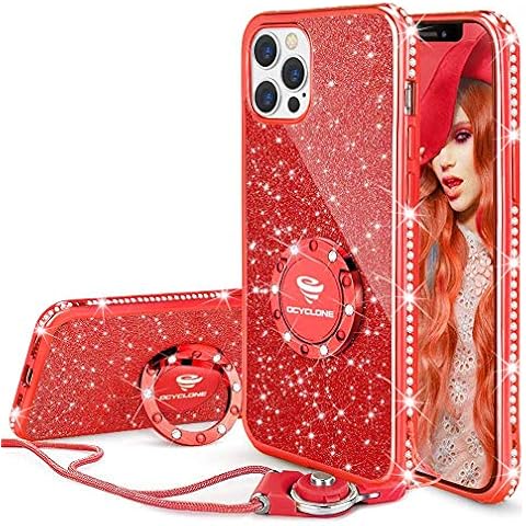 OCYCLONE iPhone 12 Pro Max Case 6.7 inch, Glitter Protective Case for Girls Women with Ring Holder Diamond Case for Apple iPhone 12 Pro Max - Red Cover