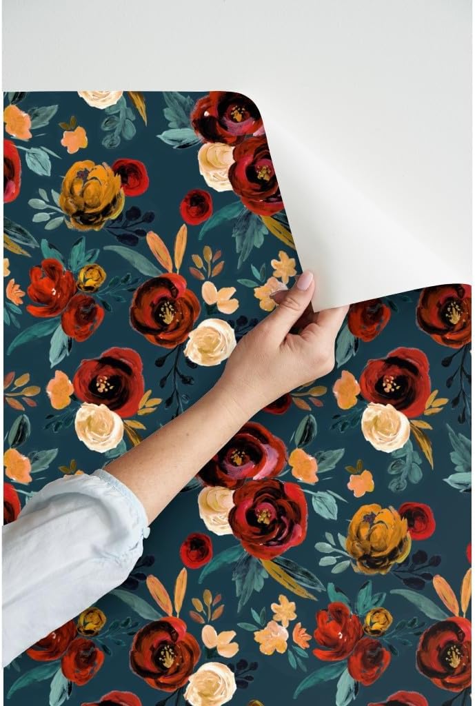 Peel & Stick Wallpaper 3ft x 2ft - Red Rose River Teal Blue Fall Autumn Floral Flowers Gold Custom Removable Wallpaper by Spoonflower