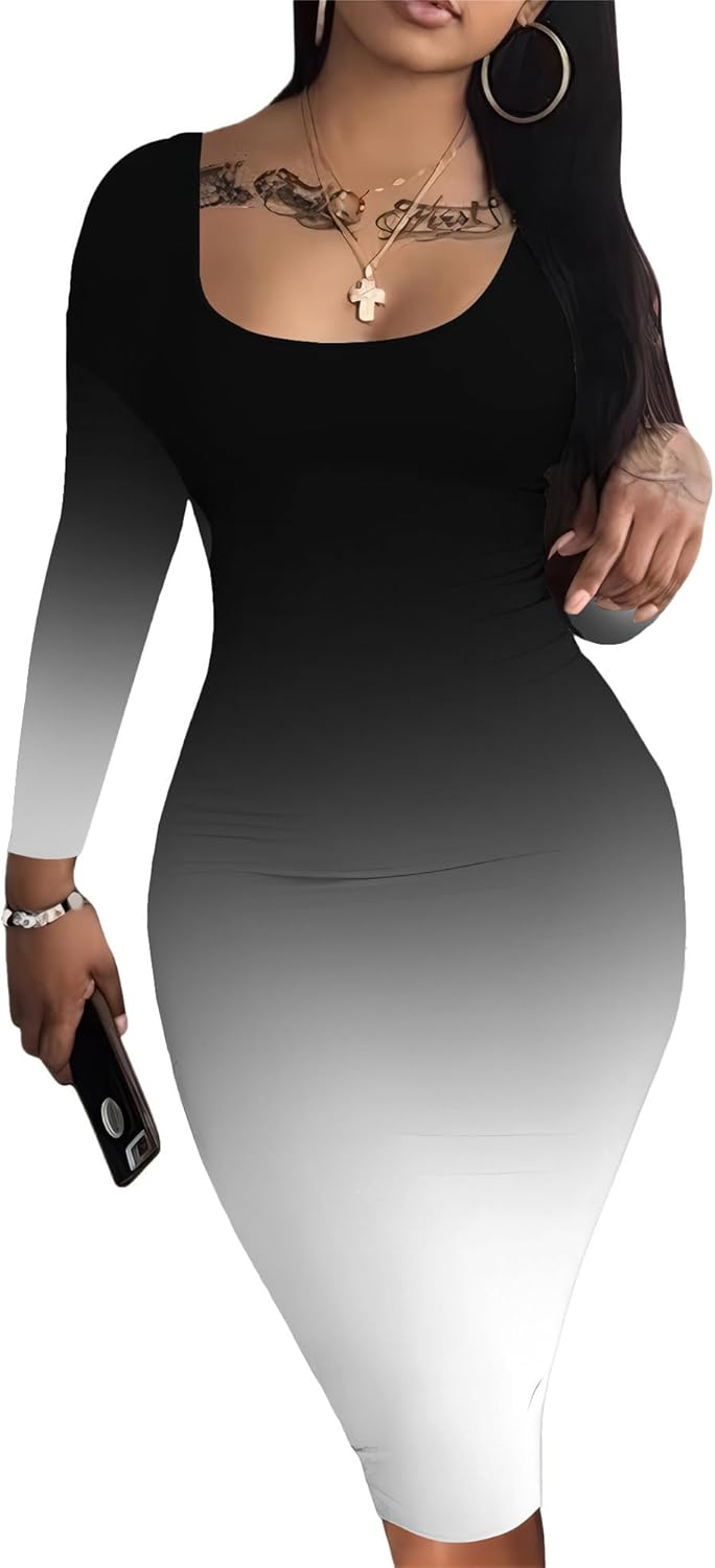 Nimsruc Womens Autumn Casual Sexy Long Sleeves Bodycon Dress Basic Pencil Midi Club Dresses