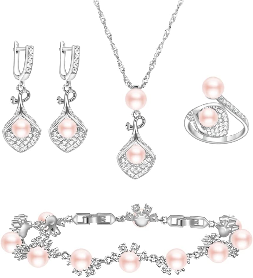 LMXXVJ Faux Pearl Jewelry Set for Women,Necklace Adjustable Ring Earrings Bracelet Set,Birthday/Wedding/Mother’s Day Jewelry Gifts for Mom/Wife/Best Friend Goddess/Valentine