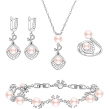 LMXXVJ Faux Pearl Jewelry Set for Women,Necklace Adjustable Ring Earrings Bracelet Set,Birthday/Wedding/Mothers Day Jewelry Gifts for Mom/Wife/Best Friend Goddess/Valentine