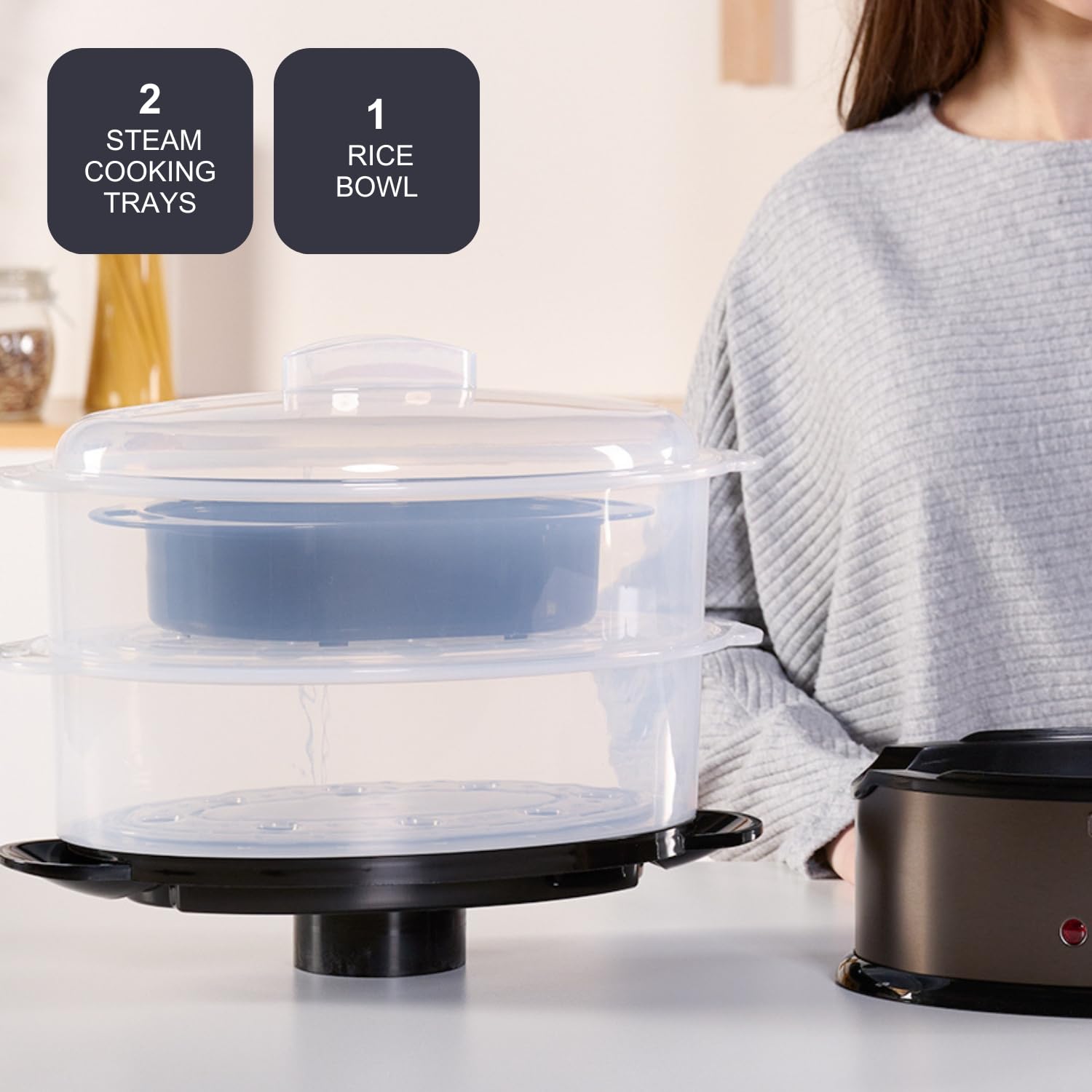 Vaporiera, 800 W, Capacità 6 Litri, 3 Piani, Timer 1 Ora