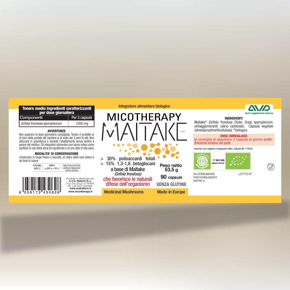 AVD REFORM | Micotherapy Maitake – Integratore a base di Maitake (Grifola frondosa) in capsule vegetali – Ideale per l’integrazione quotidiana – 90 capsule - Prodotto in Italia
