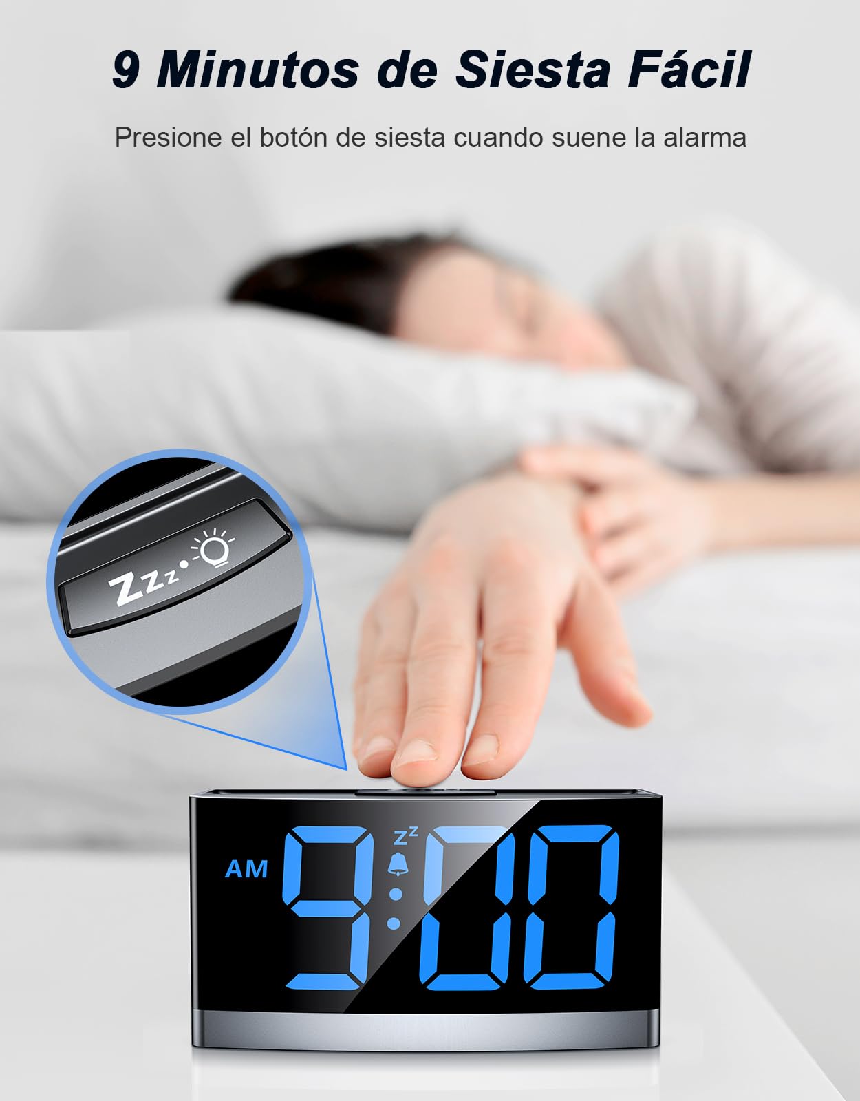 Reloj Digital para Dormitorios, Despertador Inteligente con Números LED Azules, 5 Niveles de Brillo & Volumen, 3 Tonos de Alarma, Snooze, 12/24H, Alimentado por USB (Adaptador No Incluido)