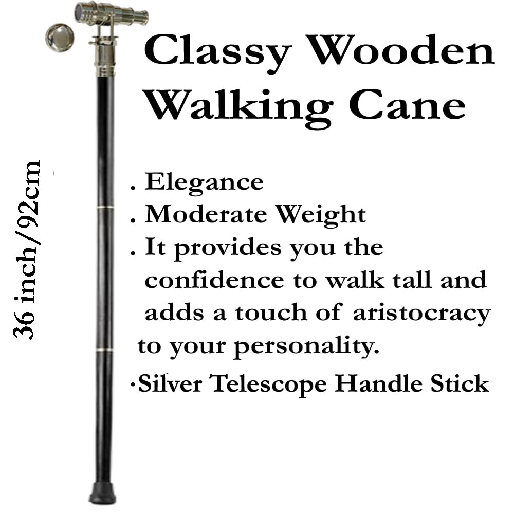 Bastone da passeggio in ottone vintage con manico telescopico canna in legno, manico cromato con testa in vetro spyglass nero bastone da passeggio in stile vittoriano 3 bastone pieghevole 37 pollici