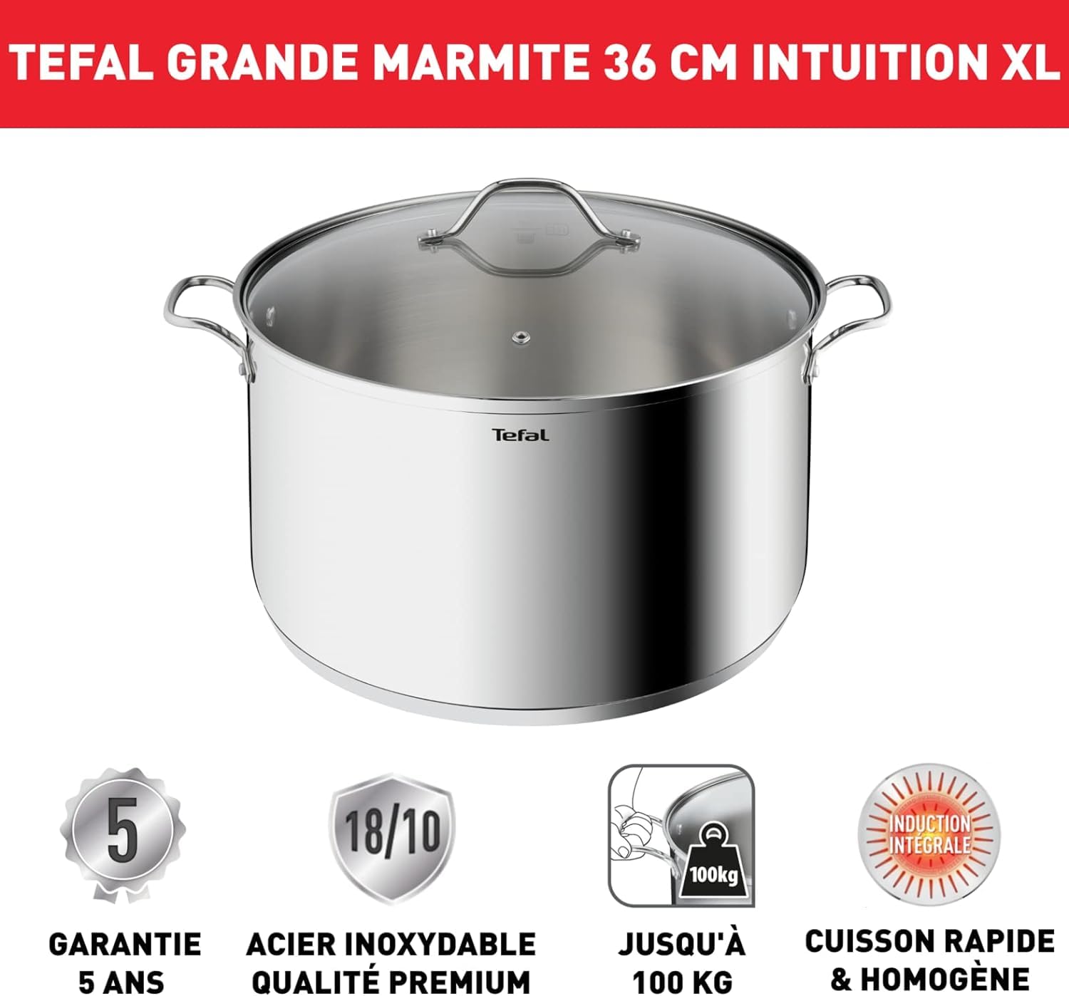 Tefal Intuition XL Marmite 36 cm 17.5 L Induction Acier inoxydable 18/10 Couvercle en verre