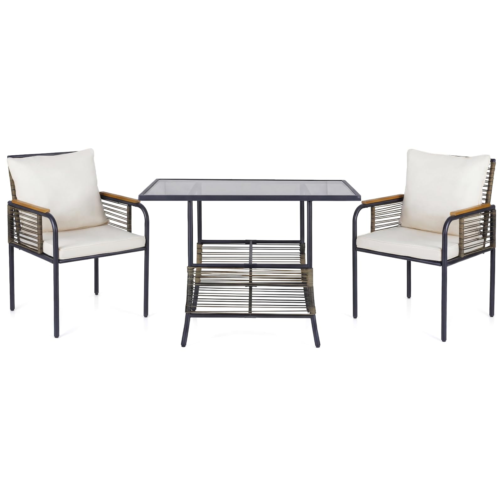 LIFEZEAL 3-TLG. Gartenmöbel Set, 3-teiliges Balkonmöbel-Set Rattan, Esstisch mit 2 Stühlen inkl. Sitzkissen, Terrassenmöbel Sitzgruppe für Balkon, Veranda, Garten, Hof (Beige)
