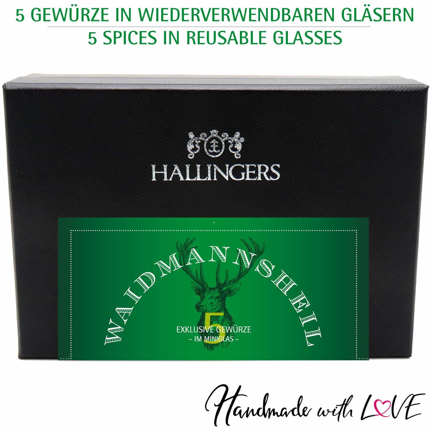Hallingers Genuss Manufaktur Gewürz Jäger-Geschenk-Set - 5 Gewürze aus aller Welt in wertiger Geschenkbox mit Rezept-Booklet "Waidmannsheil", Jagd-Geschenkidee für Jäger