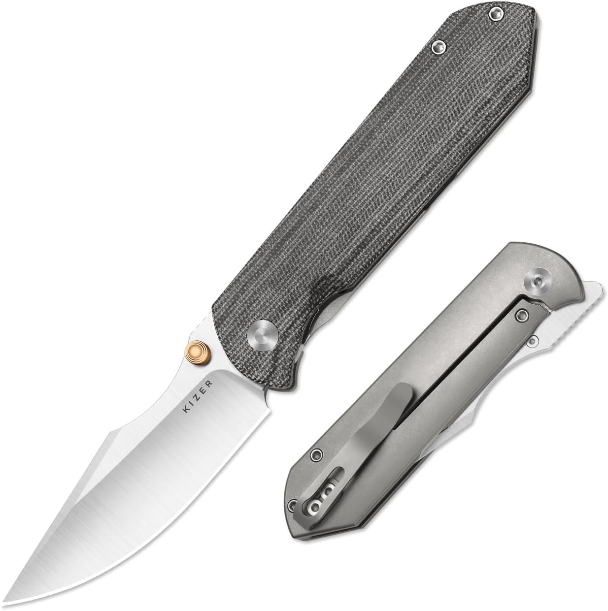 Kizer Harpoon Fold Pocket Knife, 3.4" Drop Point Elmax Blade Folding Knife with Gray Titanium & Black Norplex UltreX™ Micarta Handle, Thumb Stud Front Flipper EDC Knives for Men Women Ki4784A2