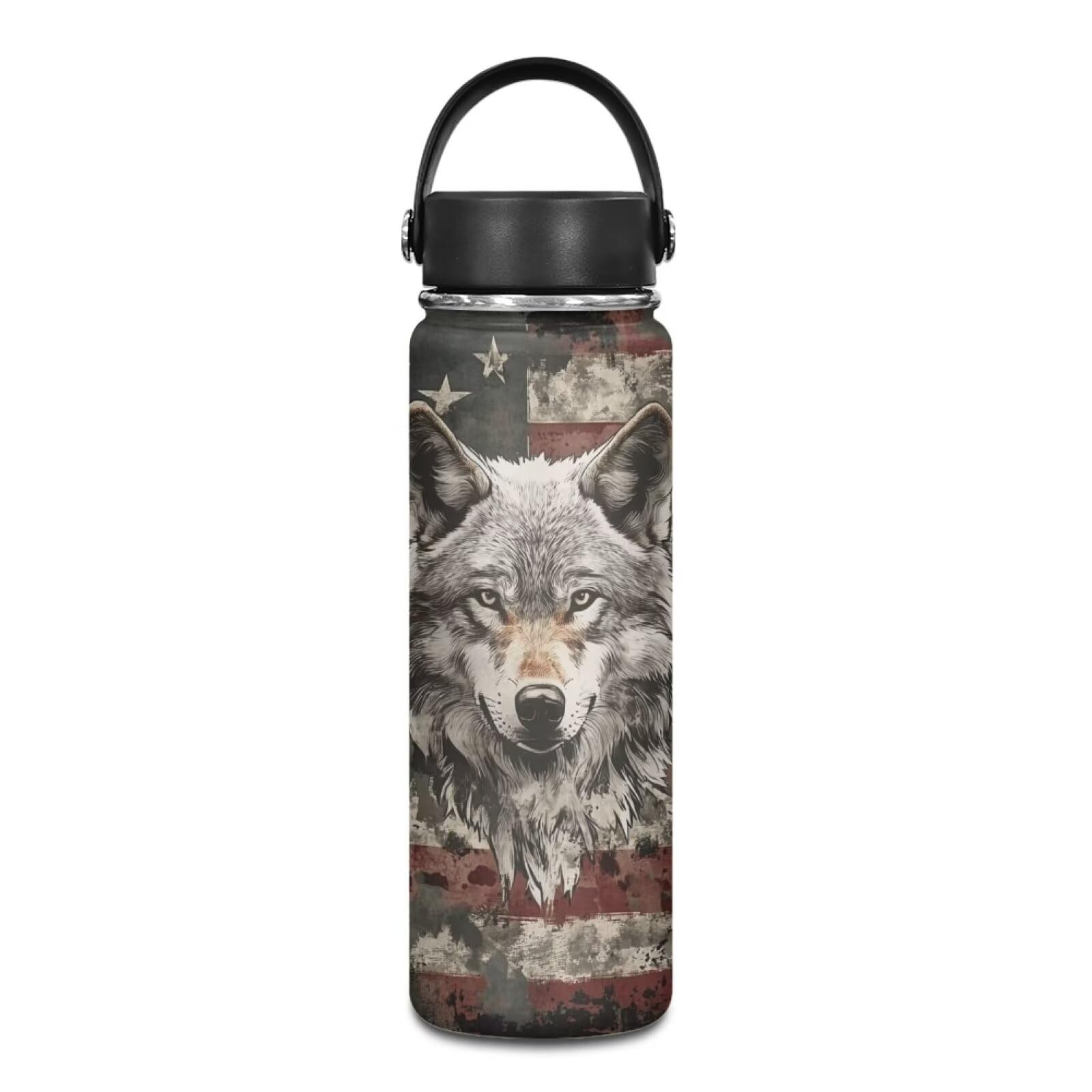 Dolyues Kids Insulated Water Bottle Wolf with American Flag 20oz Stainless Steel Water Bottle Leak-proof Double Wall Vacuum Water Flask for School Gifts for Boys