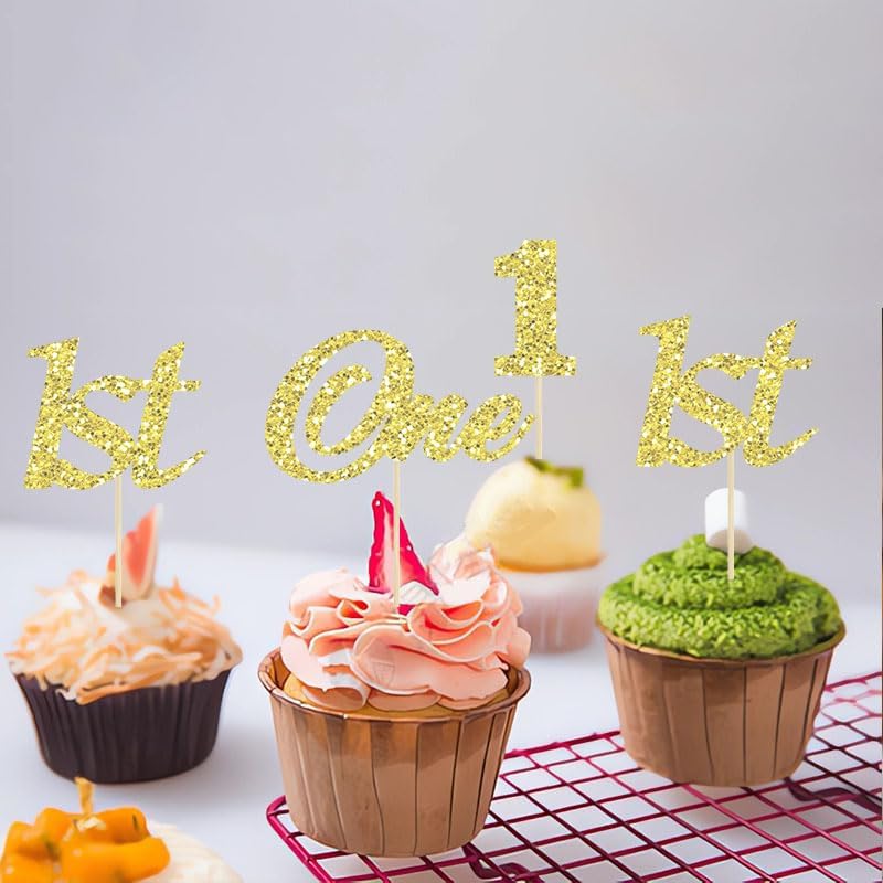 30 Pcs One Cupcake Toppers Gold Glitter First Birthday One Cupcake Picks for Baby Shower 1st Birthday Party Cake Decorations Supplies - Image 5