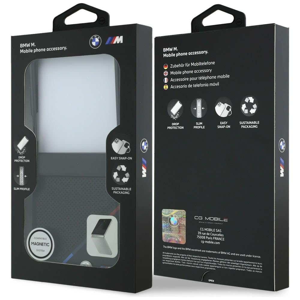CG MOBILE BMW M Pelle Perforata Strisce Tricolore Loghi Metallo Compatibile con MagSafe Custodia per Samsung Galaxy Z Flip8 (Nero)