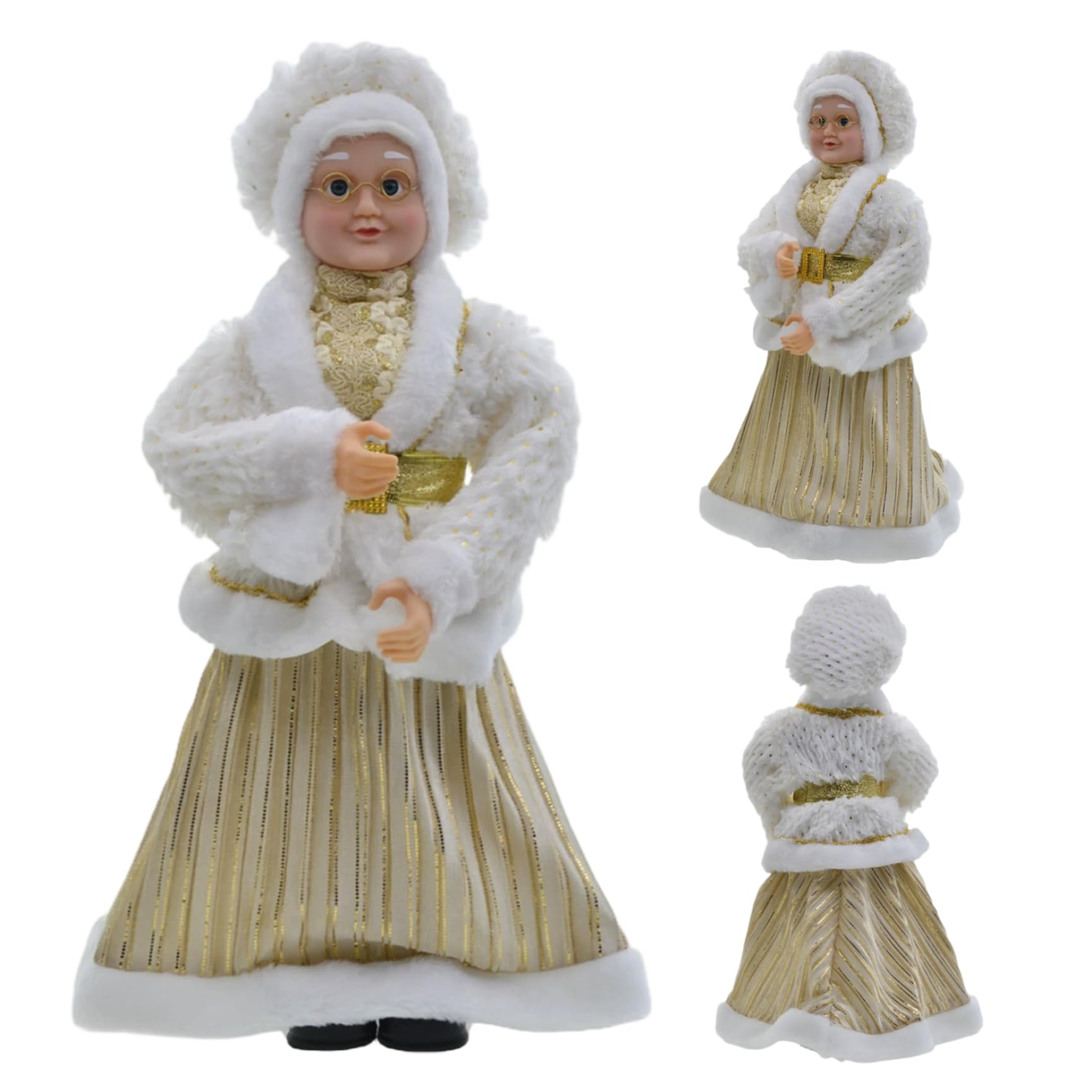 Statuetta di Babbo Natale in piedi da 18 pollici con veste dorata e bianca, decorazioni natalizie su mensola del tavolo, decorazioni per la casa per feste, vecchia signora Babbo Natale