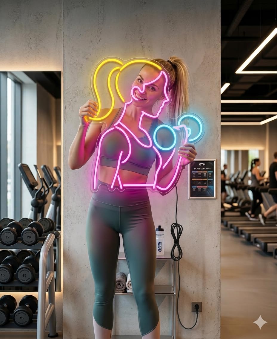 Letrero GYM MUJER WOMAN PESAS Cartel Luminoso LED Escaparate, Decoración de Pared en Metacrilato, Luz Brillante, aproximadamente 60cm alimentación 12v