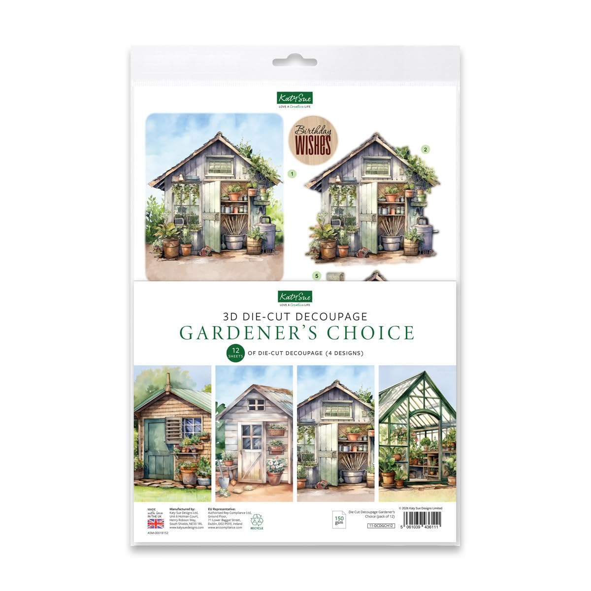 Katy Sue Designs Gardener’s Choice Die Cut Decoupage Pack – 12 Sheets for 3D Card Making, Garden Themed Card Making Supplies with Sentiments & Card Toppers on 150gsm Paper. UK-Made.