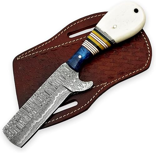 Miniatura 8 de Bonito cuchillo de vaca de acero Damasco hecho a mano, cuchillo cortador de toros con hermosa funda de cuero. (beige)